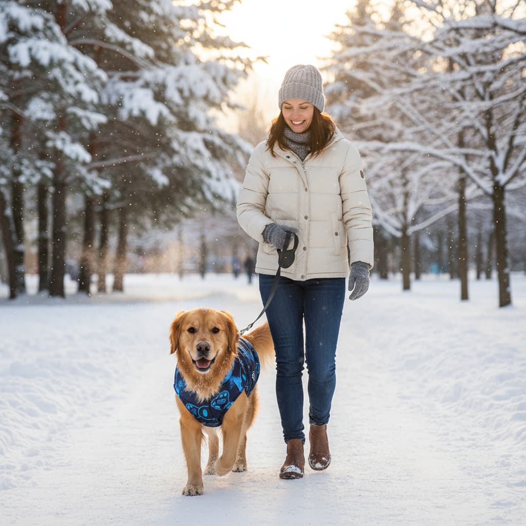 femme golden retriever manteau chien impermeable hiver bleu marine neige parc