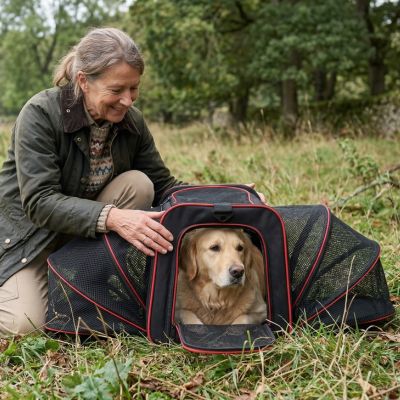 femme golden retriever nature sac de transport pour chien extensible