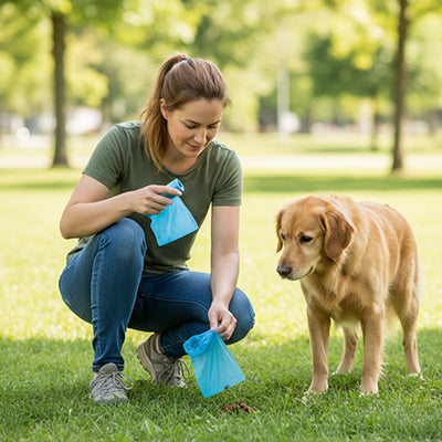 femme golden retriever parc sac a crotte chien colore bleu distributeur promenade