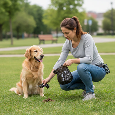 femme golden retriever parc sac a crotte pour chien distributeur noir accrocher laisse