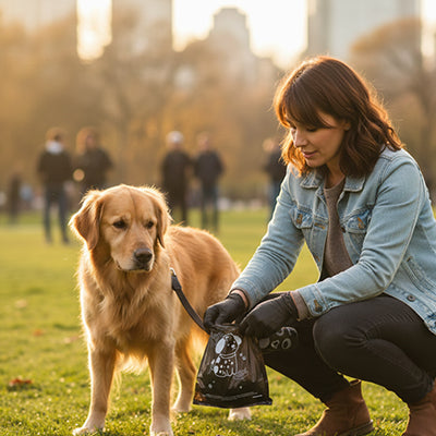 femme golden retriever parc sac a crotte pour chien distributeur noir biodégradable