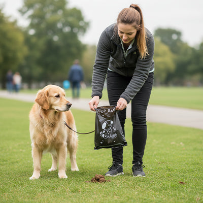 femme golden retriever parc sac a crotte pour chien noir ramasse crotte promenade