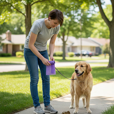 femme golden retriever trottoir sac a crotte chien colore violet promenade