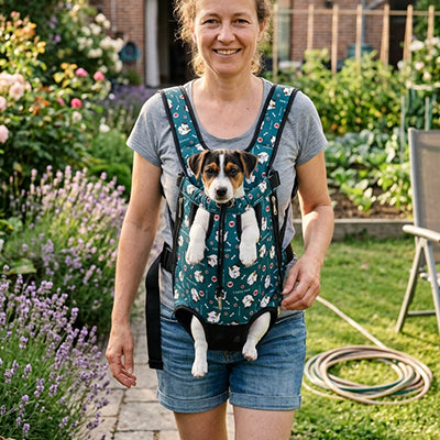 femme jardin sac transport chien ventral floral vert jack russell