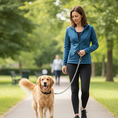 femme marche avec golden retriever avec laisse pour chien