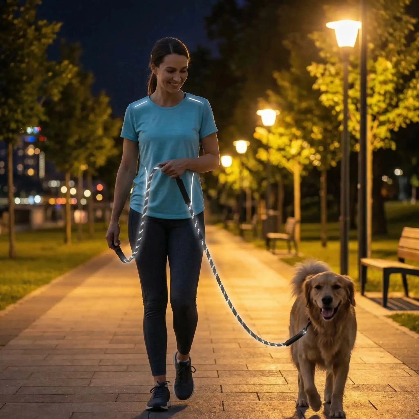 femme marche golden avec longe pour chien reflechissant