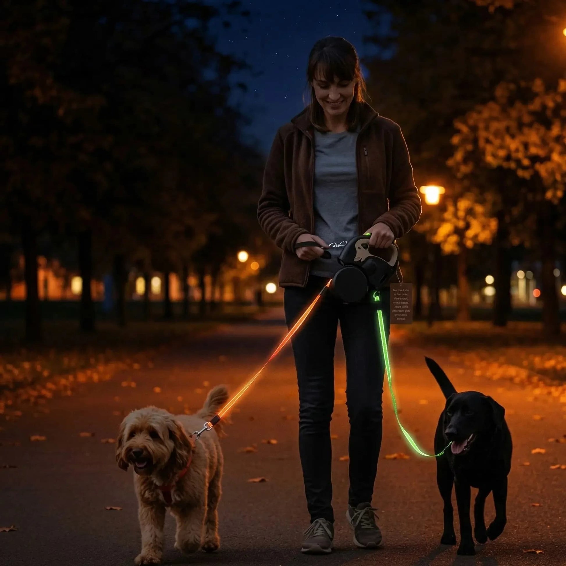 femme marche laisse double pour chien reflechissant