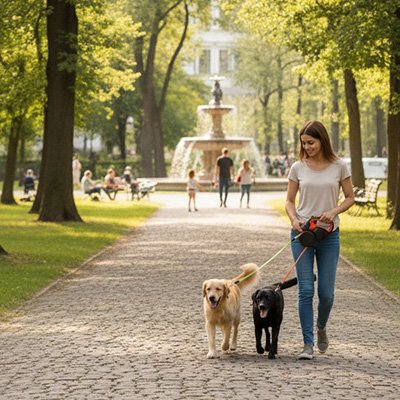 femme marche parc avec laisse double pour chien