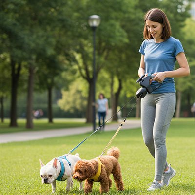 femme marche son boston caniche avec laisse double pour chien