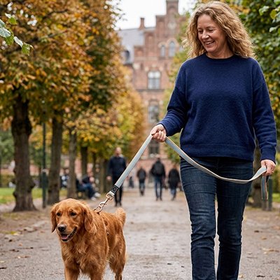 femme marche son golden avec laisse pour chien bleu