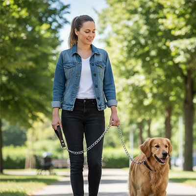 femme marche son golden retriever avec laisse pour chien