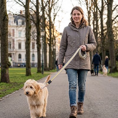 femme marche son goldendoodle avec laisse pour chien jaune
