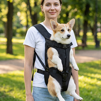 femme parc portant sac de transport pour chien noir corgi 