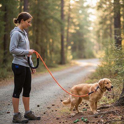 femme promene chiot avec longe pour chien orange