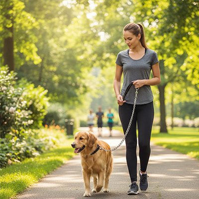 femme promene golden retriever avec laisse pour chien