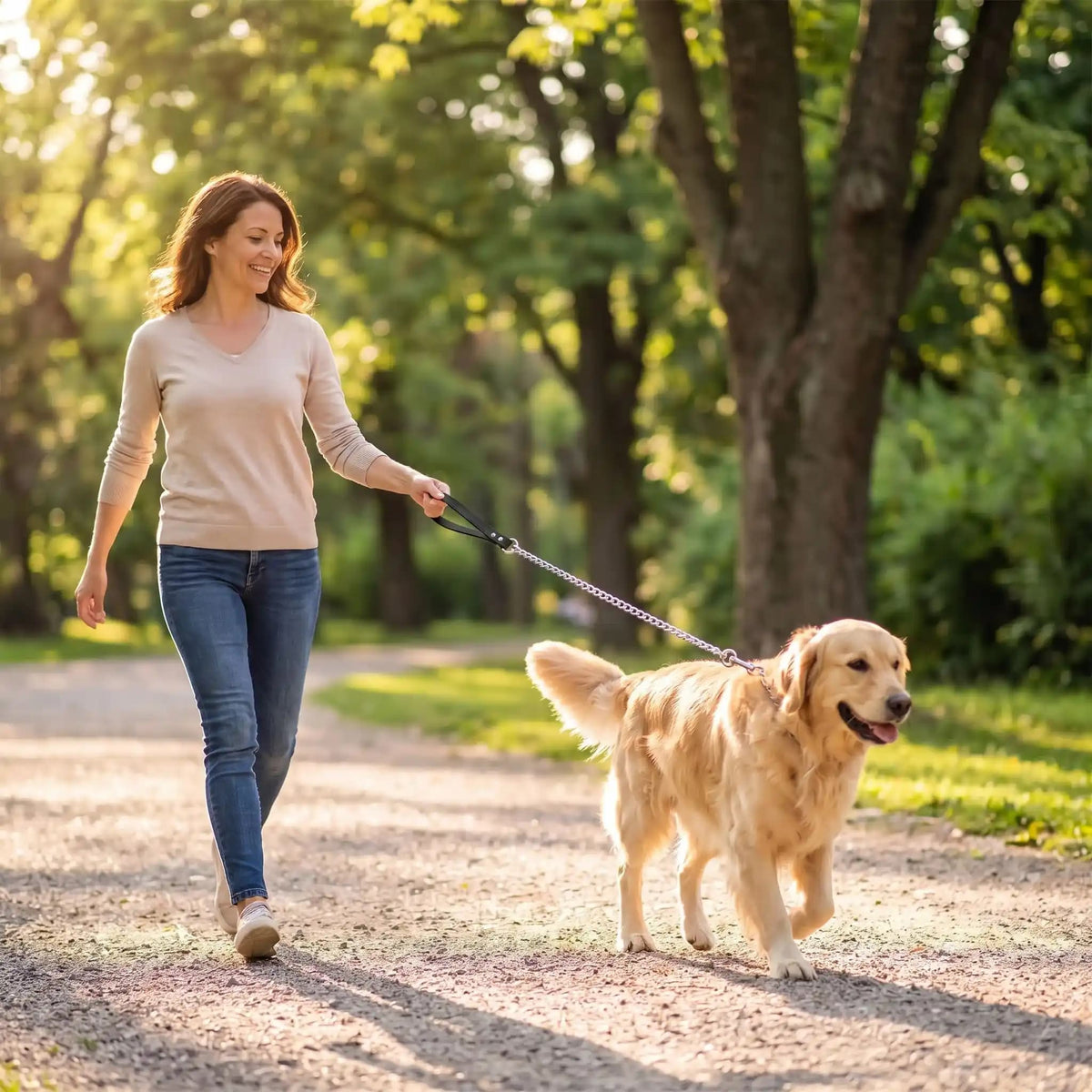 femme promene golden retriever laisse pour chien chaine robuste parc