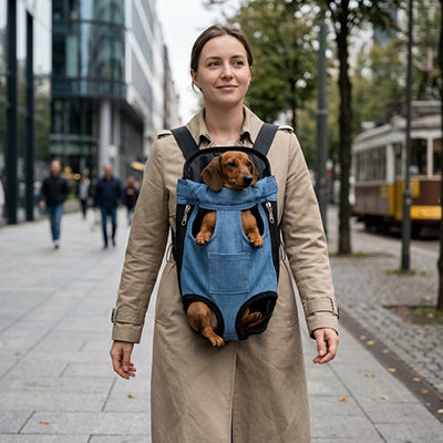femme rue ville teckel sac de transport chien bleu jeans porte devant