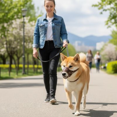 femme shiba inu parc museliere pour chien cuir souple marron promenade
