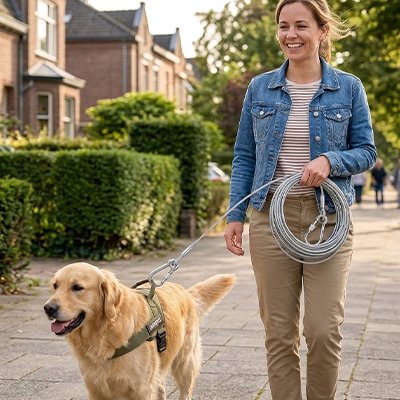 femme tenant golden avec laisse cable pour chien