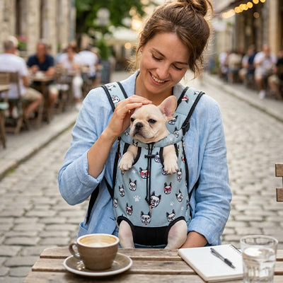 femme terrasse cafe sac transport chien ventral bouledogues gris