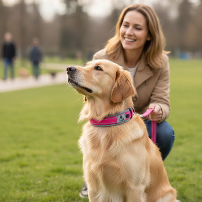 golden retriever assis dans un parc avec sa maitresse portant un collier pour chien neoprene rose fushia