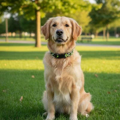 golden retriever assis dans un parc portant un collier chien reglable motif os