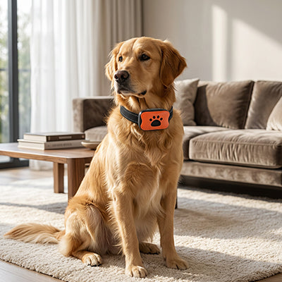 golden retriever dans un salon portant un collier de dressage chien orange rechargeable usb