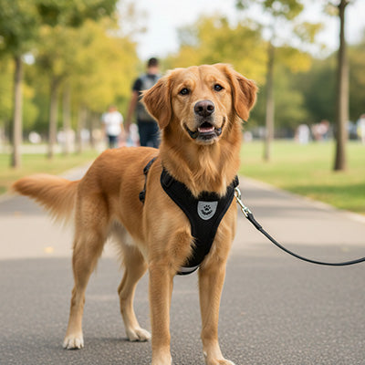 golden retriever en promenade au parc portant un harnais pour chien maille noir avec laisse