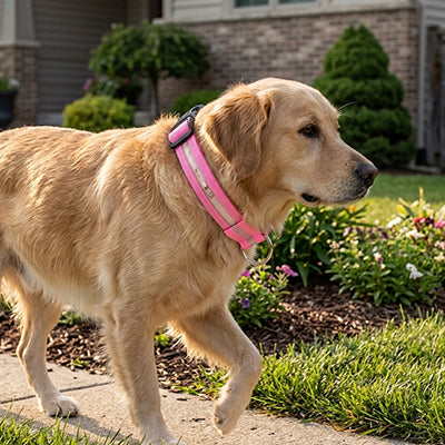 golden retriever en promenade portant un collier lumineux chien led rose réglable