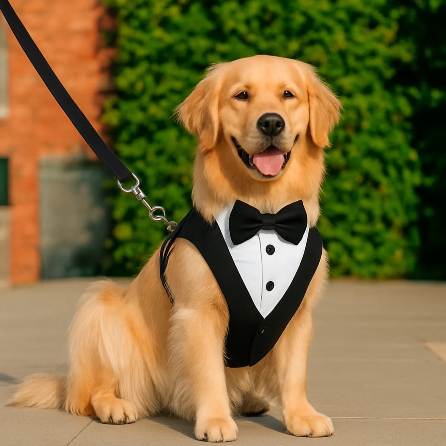 golden retriever jardin harnais chien costume noir noeud papillon