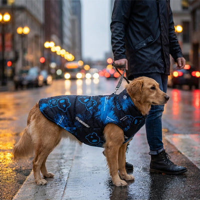golden retriever manteau chien impermeable hiver bleu marine pluie ville