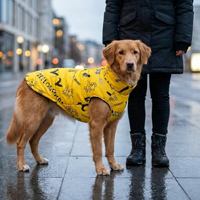 golden retriever manteau chien impermeable hiver jaune ville pluie