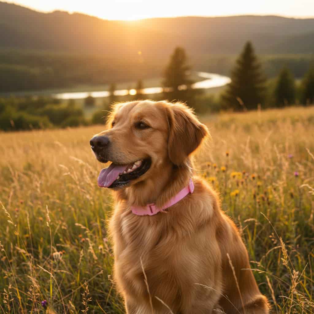 golden retriever prairie coucher soleil collier chien impermeable rose