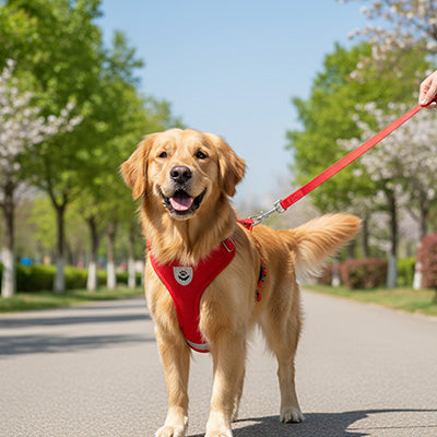 golden retriever souriant en balade avec harnais pour chien maille rouge et laisse assortie