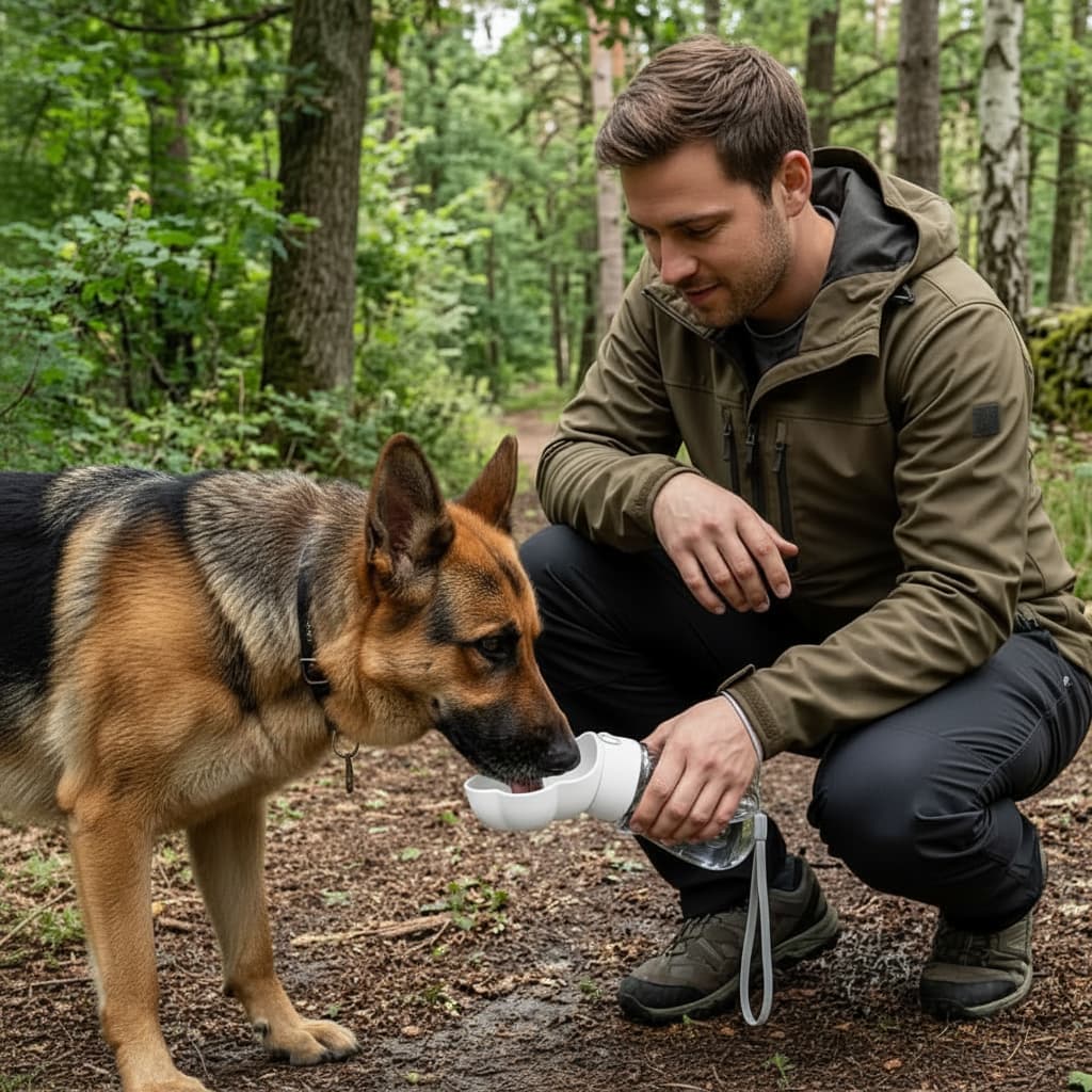 gourde chien blanc berger allemand foret homme