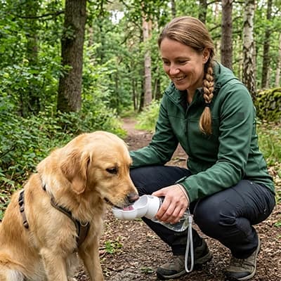 gourde chien blanc golden retriever foret femme