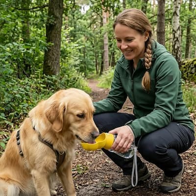 gourde chien jaune golden retriever parc femme