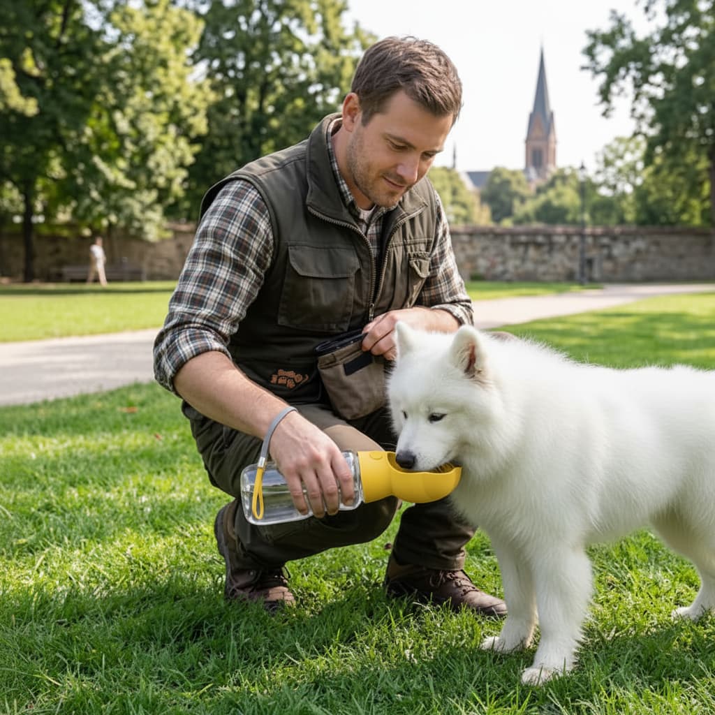 gourde chien jaune samoyede parc homme