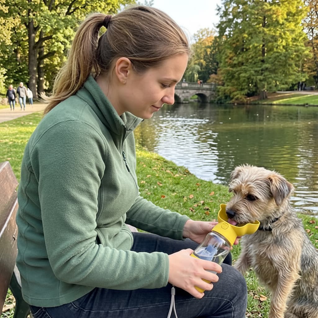 gourde chien jaune terrier femme lac