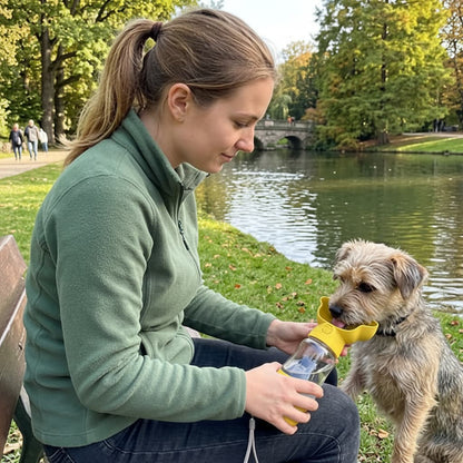 gourde chien jaune terrier femme lac