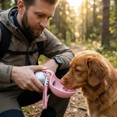gourde pour chien randonnee foret rose golden retriever