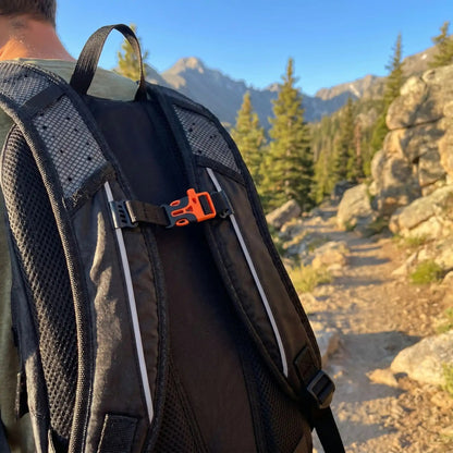 gros plan sac a dos pour chien noir bande reflechissante sifflet orange sentier montagne