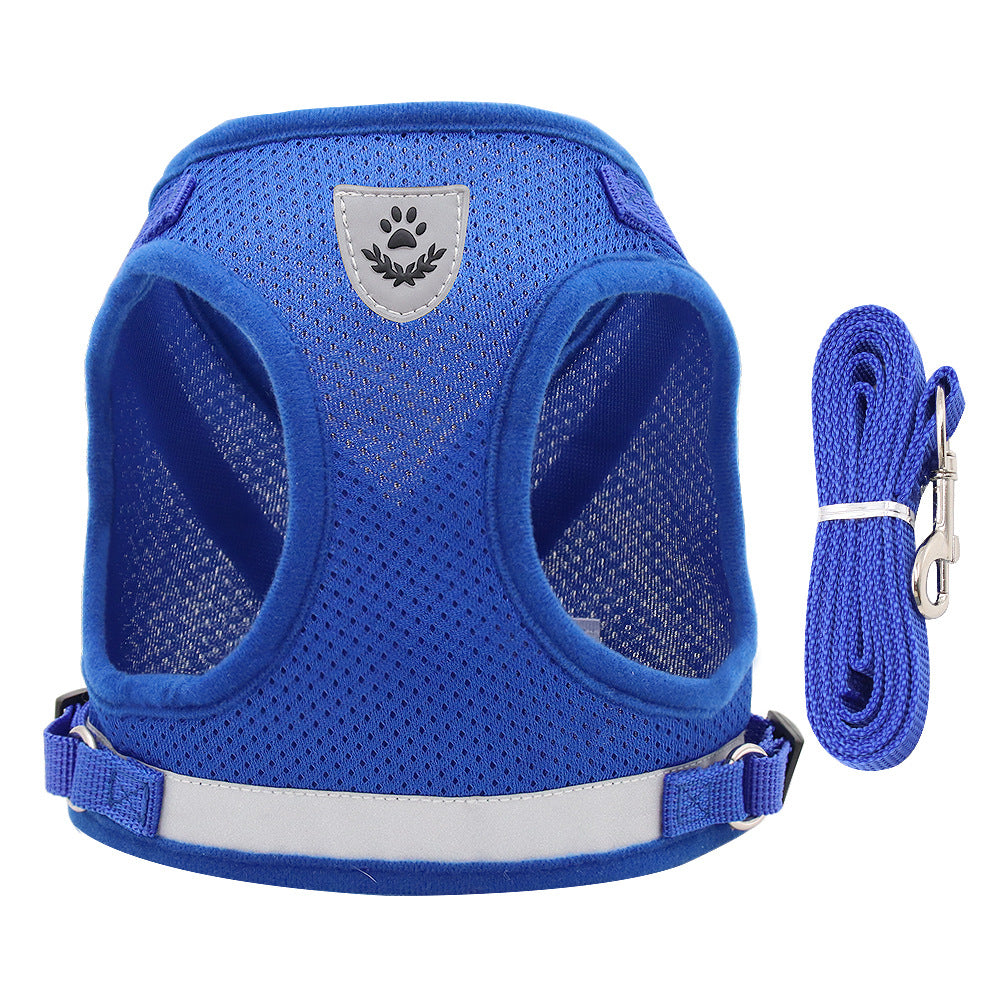 harnais chien mesh respirant avec laisse bleu fond blanc