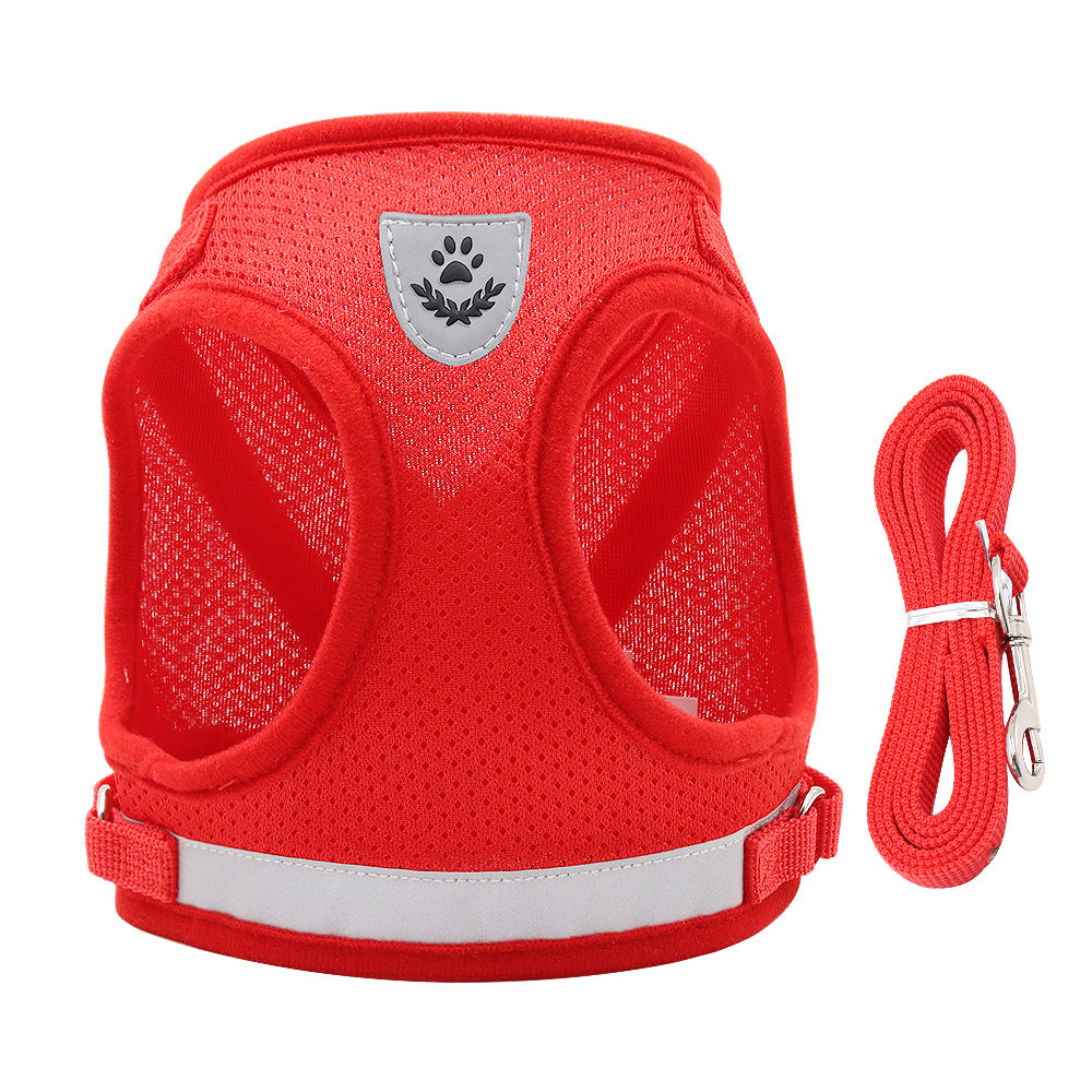 harnais chien mesh respirant avec laisse rouge fond blanc