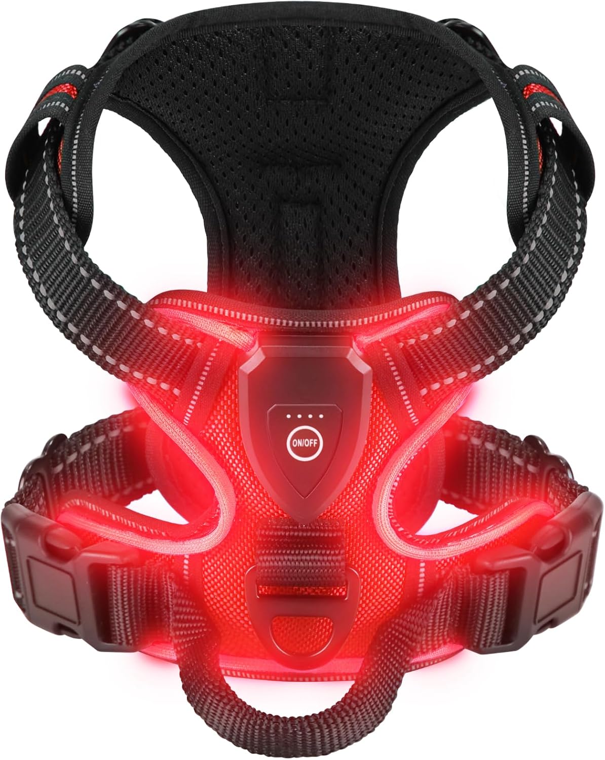 harnais lumineux chien led rechargeable rouge fond blanc