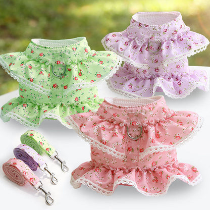 harnais petit chien floral rose lilas vert pomme avec laisses