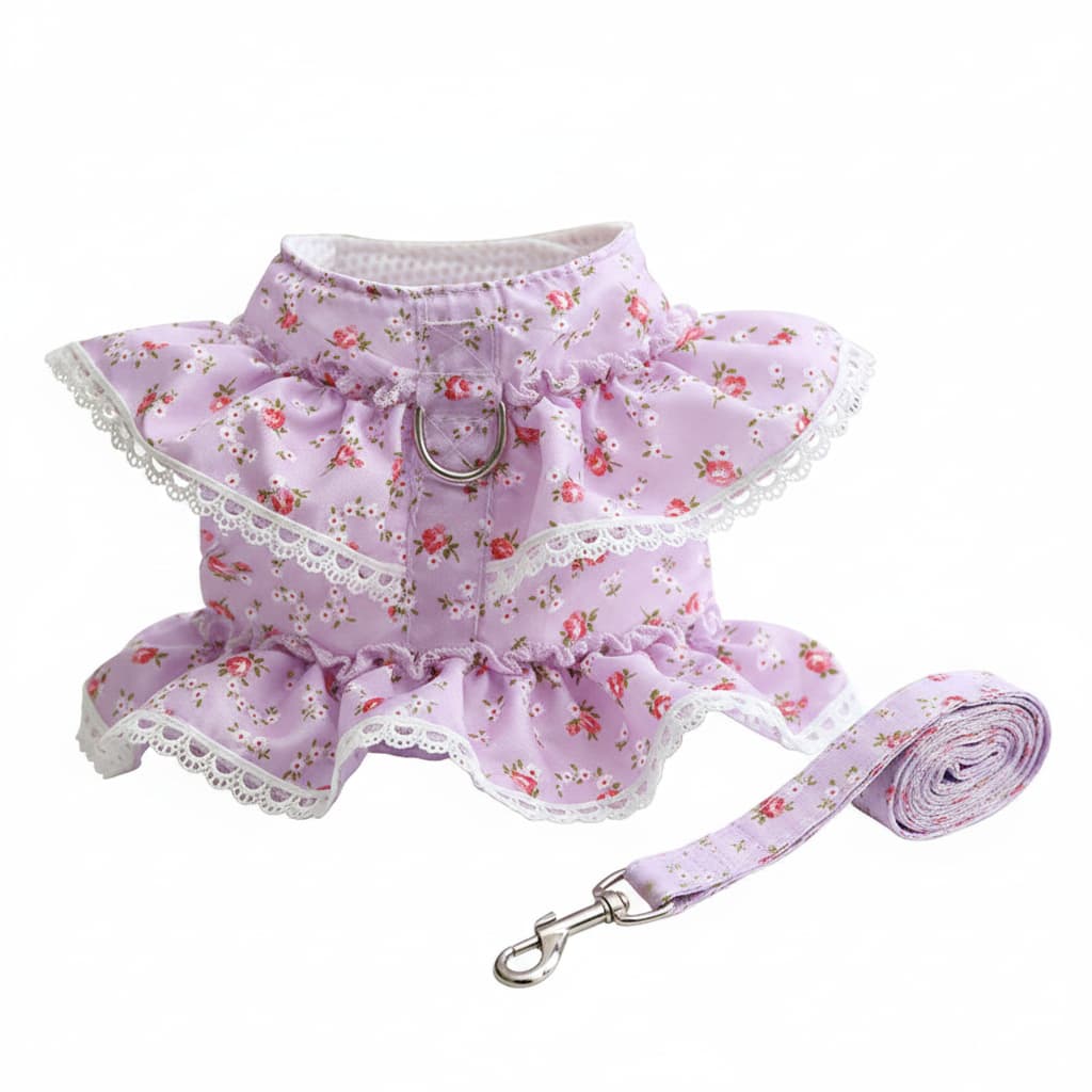 harnais petit chien robe fleurie lilas avec laisse