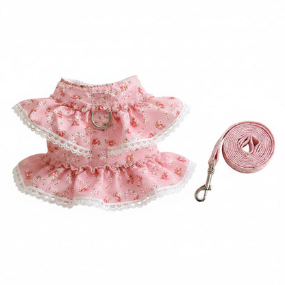 harnais petit chien robe fleurie rose avec laisse