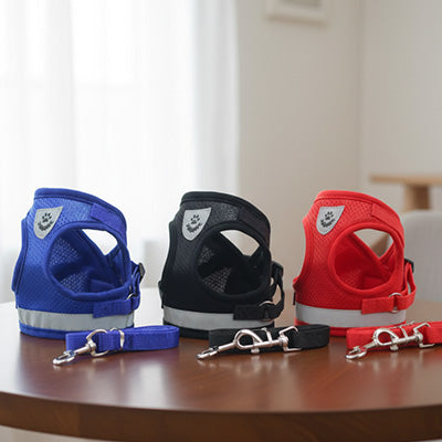 harnais pour chien maille reglable bleu noir et rouge avec laisse incluse sur une table