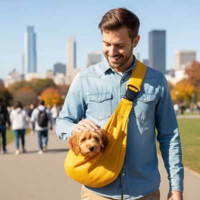 homme avec golden doodle sac transport pour chien bandouliere jaune ville